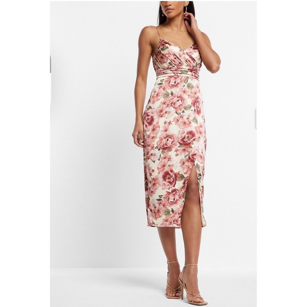 Express Pink Floral Satin Midi Dress